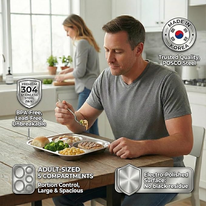 Korean Stainless Steel Divided Plates for Adults Teens Premium 304 Electro-Polished No Black Residue BPA-Free Large 5-Compartment Food Tray Diet Portion Control Camping Set of 2