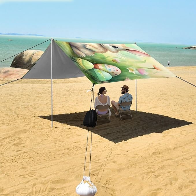 ALAZA Easter Rabbit Eggs Beach Tent Sun Shelter UPF50+ Protection Beach Shade Canopy w/ 4 Sandbags for Outdoor Camping Fishing Backyard Fun Picnic 10x9 ft
