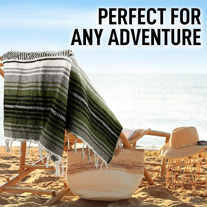 Hydration Nation Authentic Extra Large Mexican Blanket - 70x50 Handwoven Yoga Serape Artisanal Falsa - Camping Picnic Outdoor (Military Green)
