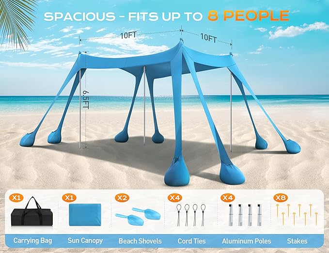 Rengue Beach Tent Beach Canopy UPF50+ UV Protection 10x10ft Beach Shade Sun Shelter with 8 Sandbags Sand Shovels Ground Pegs Stability Poles for Camping Fishing Picnics Backyard Fun Sky Blue
