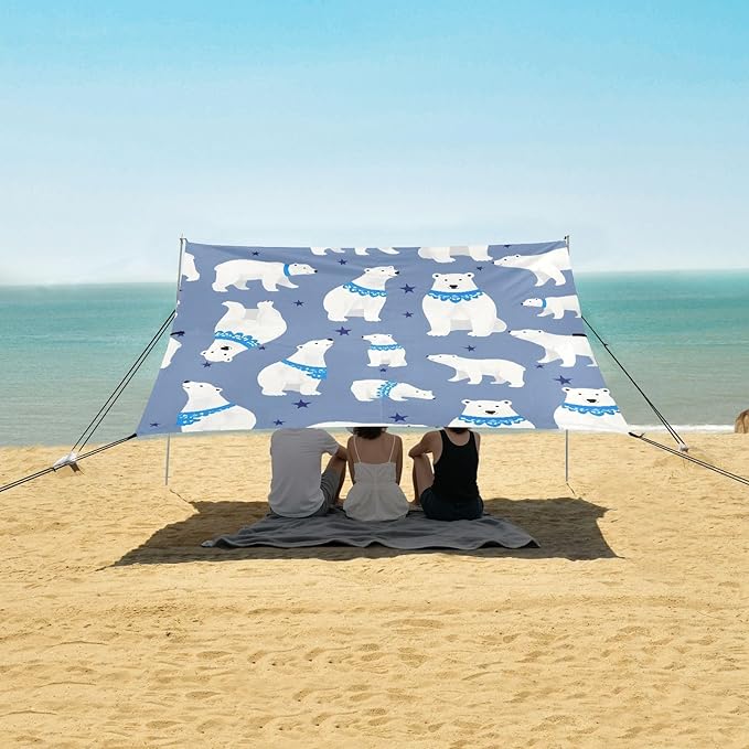 ALAZA Polar Bear Animal Beach Tent Sun Shelter UPF50+ Protection Beach Shade Canopy w/ 4 Sandbags for Outdoor Camping Fishing Backyard Fun Picnic 10x9 ft