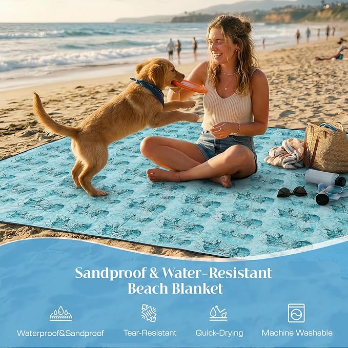 OIGAE 7x7ft Sandproof Beach Blanket - Large Waterproof Picnic Mat for 3-4 People Lightweight Sand Free Mat for Summer Vacation with 6 Stakes &amp 4 Corner Pockets for Beach Camping Festivals