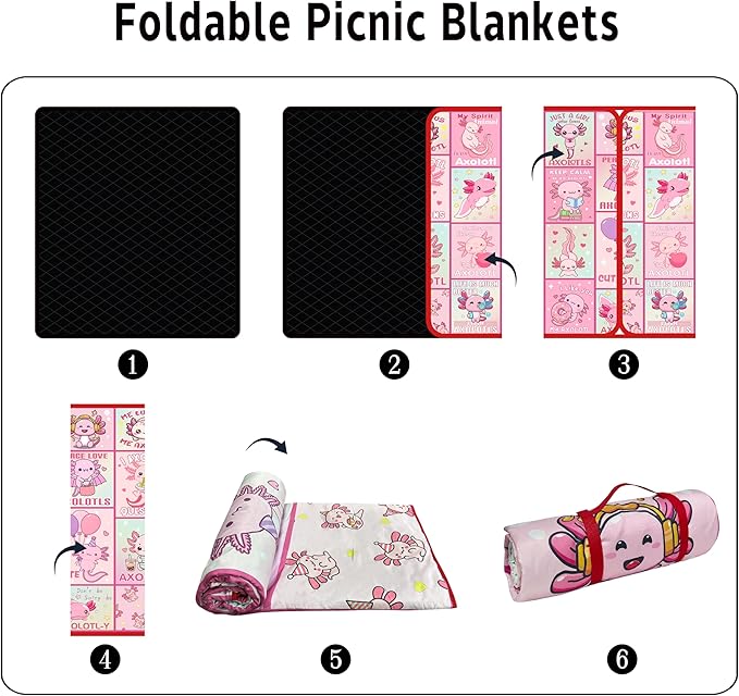 Extra Large Picnic Blankets Waterproof Foldable (80x 80) Axolotl Beach Blanket Waterproof Sandproof3-Layer Thicking Mat Outdoor Packable Camping Blanket