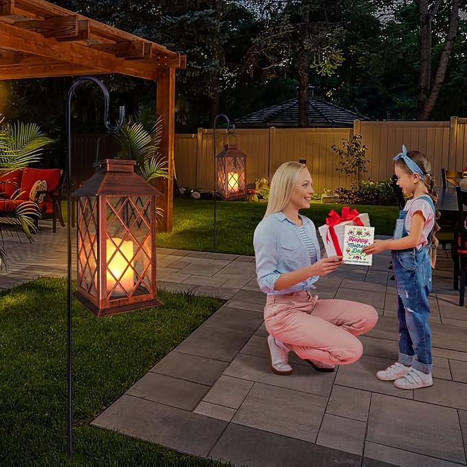 [2 Pack] TAKE ME 14 Solar Lantern Outdoor Garden Hanging Lantern Waterproof LED Flickering Flameless Candle Mission Lights for TableOutdoorChristmas Gifts Mom Wife