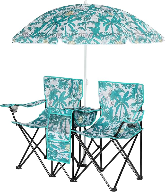 Double Folding Camping Chair W/Umbrella Fold Up Table Beverage Holder Carrying Bag Cooler for Patio Pool Park Outdoor Beach Picnic Portable (Pineapple)