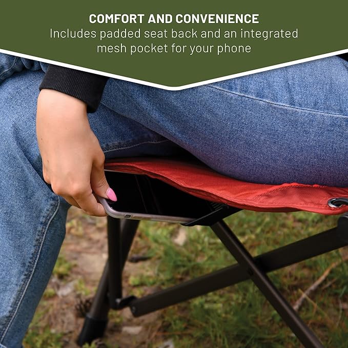 Timber Ridge Bungee Folding Camping Chairs for Adults Heavy Duty Collapsible Padded Chair with Armrests Cup Holder Foldable Outdoor Lounge Chairs for Beach Fishing Lawn Supports 300 lbs Red