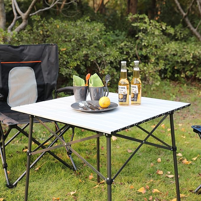 Portal Lightweight Aluminum Folding Square Table Roll Up Top 4 People Compact Table with Carry Bag for Camping Picnic Backyards BBQ Silver