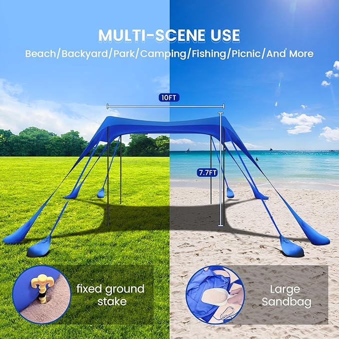 Beach Tent Sun Shelter 10x10FT Beach Shade Canopy with 8 Sandbags UPF 50+ Protection Beach Shade Canopy Outdoor Tent for Beach Camping Trips Fishing Backyard