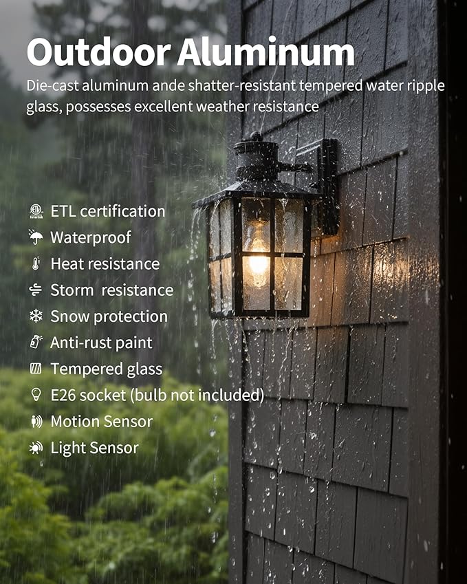 KDG Outdoor Motion Sensor Patio Wall Light Fixtures Set of 2 Black E26 Socket Waterproof Lanterns with Tempered Glass Modern Wall Mounted Lamps Suitable for Home Front Door Garage Porch