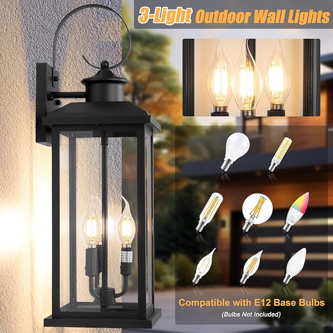 Large Outdoor Wall Light Fixture: 24in Black 3-Light Modern Porch Lantern Waterproof Exterior Lighting Sconce Wall Mount Outside Lamp for House Garage E12 Base