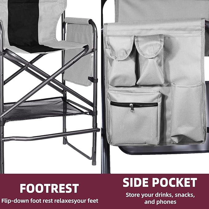 30 Tall Directors Chair with Side Table 400LBS Bar Height Folding Camping Chair (Light Gray/Black)