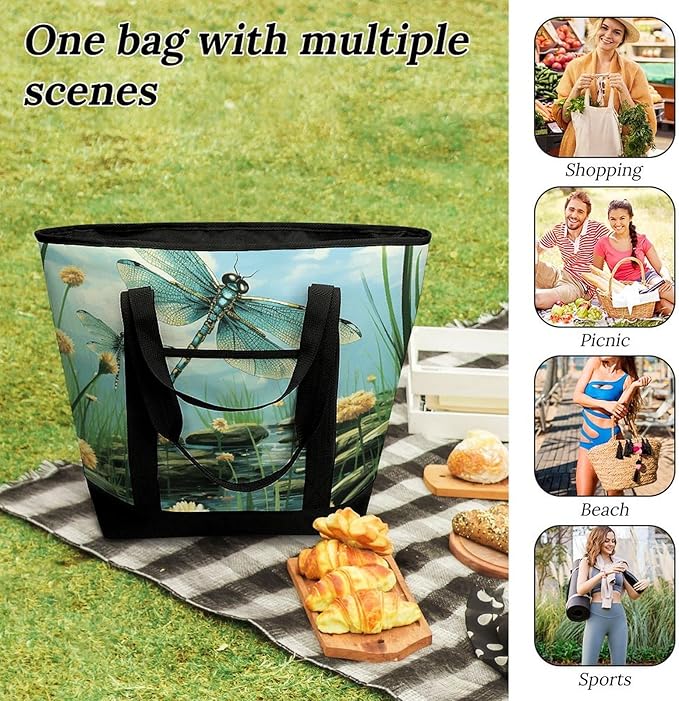 Insulated Shopping BagLarge Reusable Cooler Bags Dragonflies in Flight Printed Foldable Shopping BagTravel Waterproof Shoulder Bag
