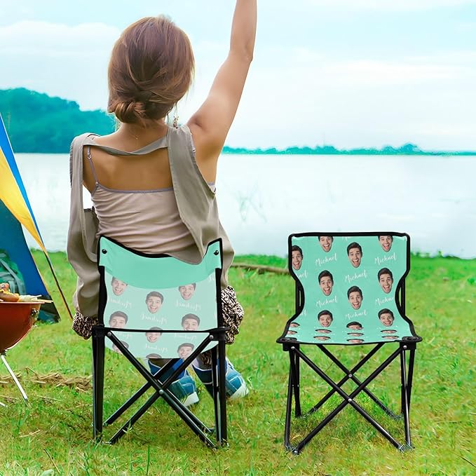 Sinestour Teal Custom Photo Folding Camping Chair for Teen Child Personalized Name 14.6×14.6in Portable Outdoor Chair with Carry Bag for Beach Picnic Travel