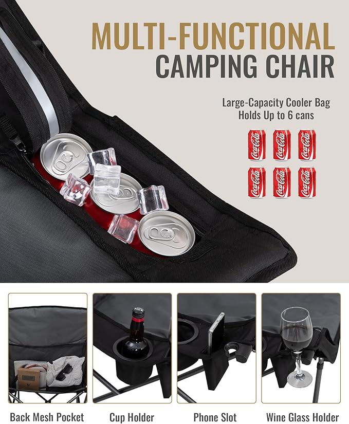 KingCamp Oversized XL Camping Chair Heavy Duty 500lbs Folding Couch for Adults Padded Large Comfortable Sofa Seat with Cooler Bag Cup Holder for Outdoor Sports Fishing Patio Lawn