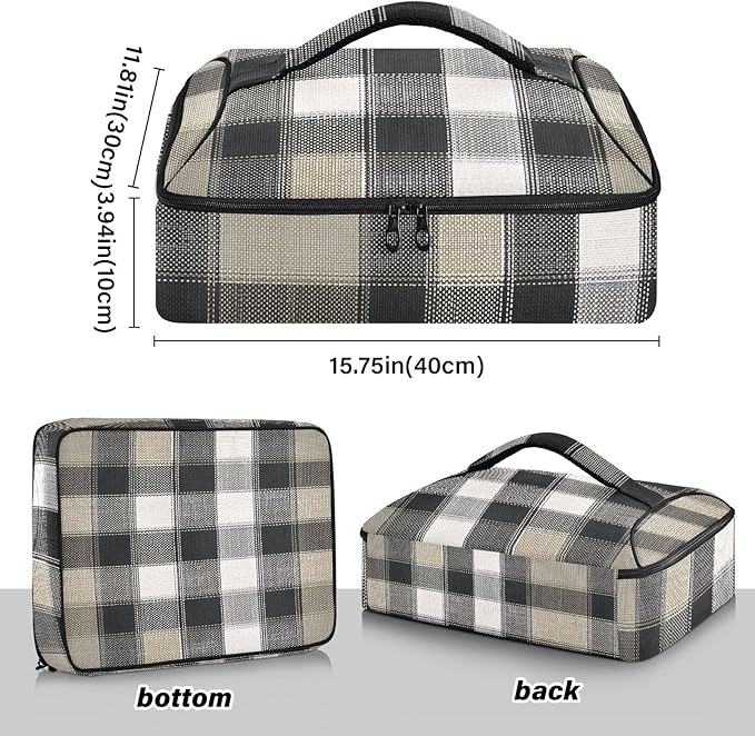 Casserole Carrier Black White Brown Tartan Plaid Insulated Casserole Carrier for Hot or Cold Food Thermal Lunch Tote for Parties Picnic Travel Carry Bag