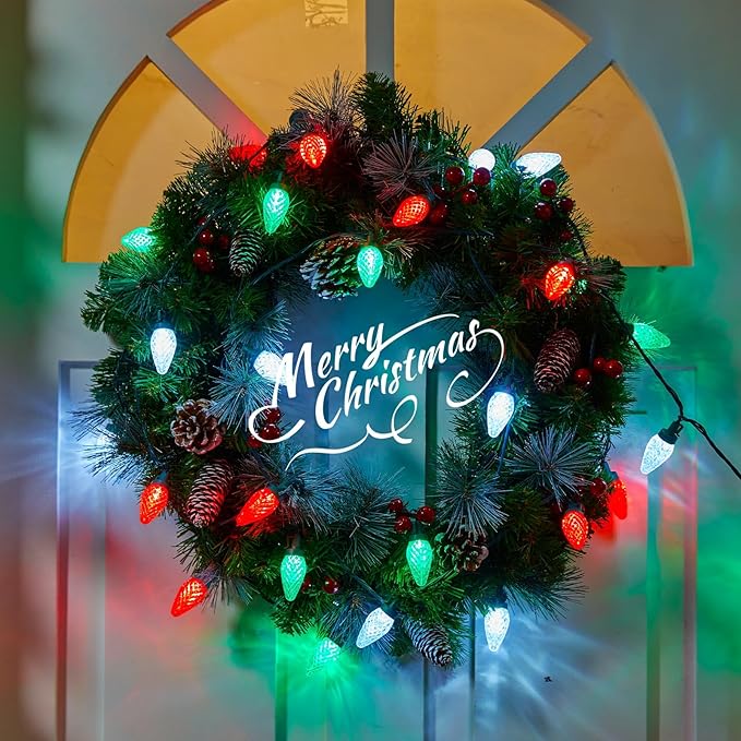 C9 LED Christmas String Lights - 82ft 100 LED Outdoor String Lights with Timer and 8 Lighting Modes Plug in Extendable Roofline Lights String for Outside Yard Porch Christmas Holiday Decoration