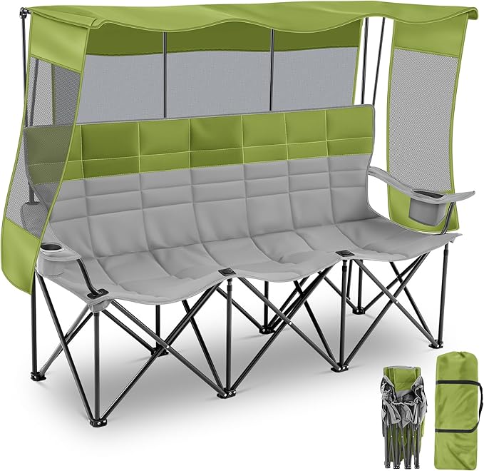 3 Person Beach Camping Chair with Canopy Shade Oversized Folding Loveseat 700lbs Heavy Duty Couch with Cup Holder Carry Bag for Lawn Outdoor Beach(Blue and Grey Canopy Camp Chair)