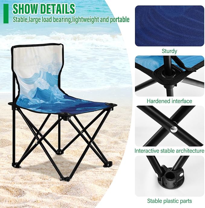 Sea Wave Portable Camping Chairs Folding Chair - Durable Oxford Fabric Lightweight Iron Frame Easy Fold Design - Ideal for Outdoor Activities Camping Fishing and Travel