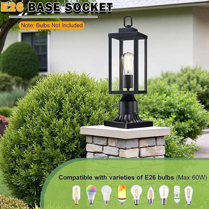 GRUENLICH Outdoor Post Lighting Fixture Pole Lantern E26 Medium Base Max 60W Metal Housing Plus Glass Matte Black Finish Bulb Not Included 1 Pack