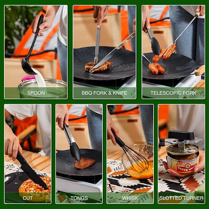 Camping Essentials Cookware Cooking Utensils Set - Portable Camp Kitchen Mess Kit Outdoor Accessories Stainless Steel &amp Silicone Camping Gear Equipment for RV Picnic Grill Khaki