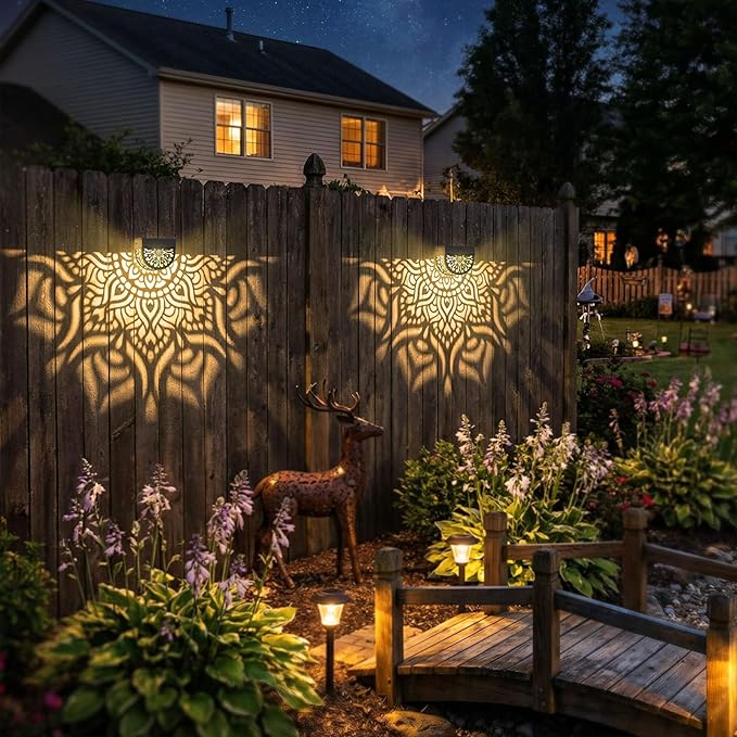4 Pack Solar Fence Lights Outdoor Wall Lights Plastic Solar Powered Deck Step Stair Lights Mandala Theme Waterproof Fence Solar Light for Garden Post Patio Yard Decor Gardening Gifts for Women Mom