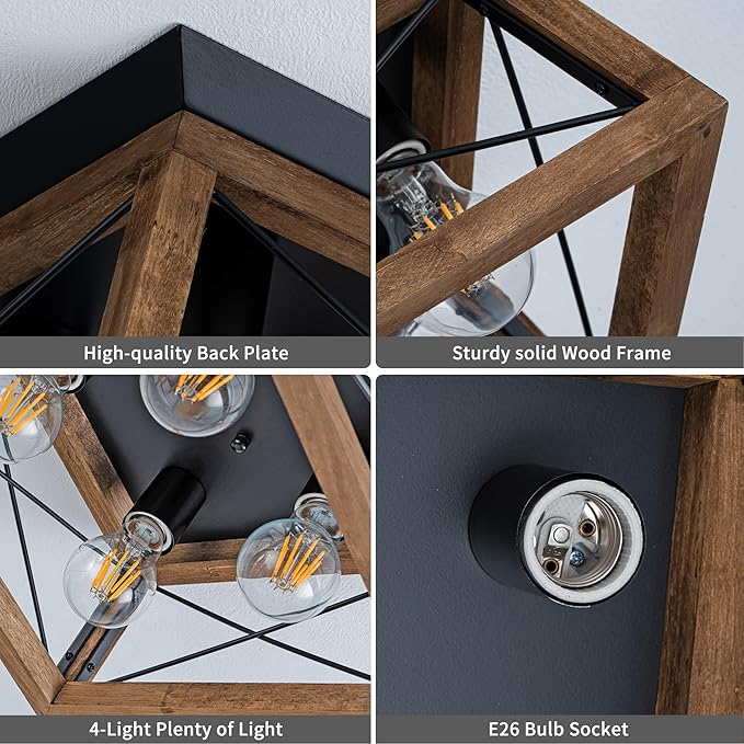 Farmhouse Light Fixture 4-Light Rustic Ceiling Light Trapeziform Wood Flush Mount Ceiling Light for Kitchen Hallway Entryway Bedroom