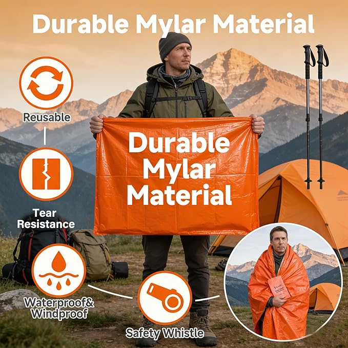 Sleeping Bag Terrashell Blanket Emergency Sleeping Bag Waterproof Compact Lightweight Extra Thick Heat Blanket Survival for Survival Kit Car Camping Gear Hiking Go (65μm) (2PCS)