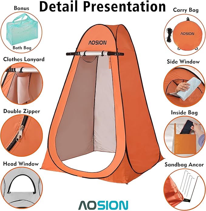 AOSION Privacy Shower TentPop Up Changing TentCamp Bathroom Changing Dressing RoomSun Sunshade Canopy Outdoor Rain Shelter for Camping Hiking Beach Picnic Fishing. (Orange)