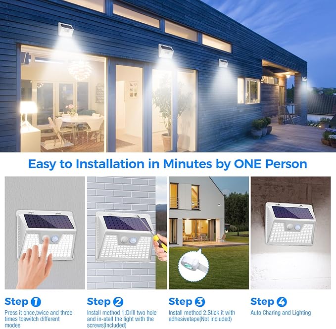 Peasur Solar Lights Outdoor Waterproof [12 Packs/140 LEDs] 3 Lighting Modes Motion Sensor Ultra Bright Security Lights for Outside Fence Patio Deck[White]