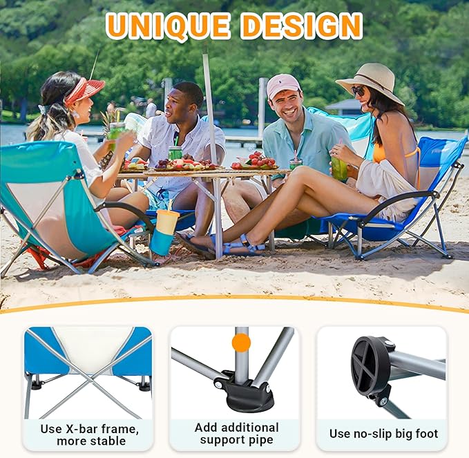 KingCamp Low Beach Chair Folding Portable Lightweight Backpack Chair for Adults with Cup Holder Pocket Carry Bag for Outdoor Camping Concert Festival Travel Sports Lawn Sand Blue