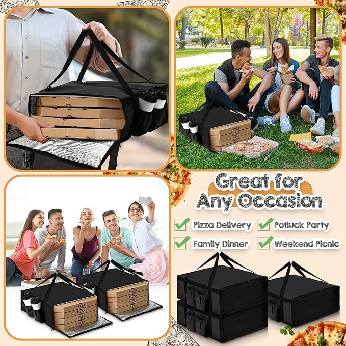 LemonRoad 3 Pcs Pizza Delivery Bag with 4 Cup Holder Insulated Food Grocery Bag 20 x 20 x 8 Pizza Warmer Bags for Carry Hot Catering Delivery Driver Essentials (Black)