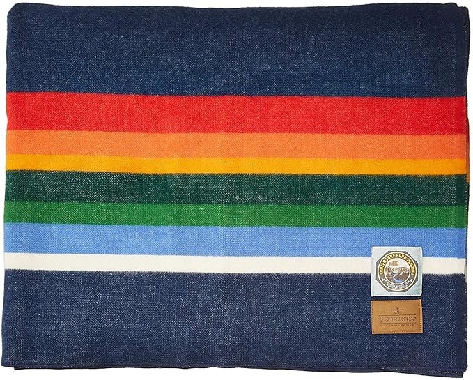 Pendleton National Park Blanket Queen 90 x 90 - 100% Wool Soft and Durable Throw for Home &amp Outdoor Adventures Iconic Park Stripes Collectible Keepsake - Crater Lake Navy