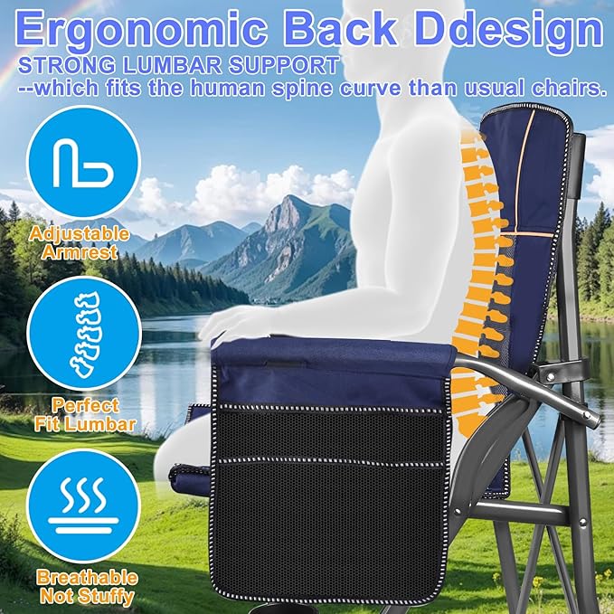 Jill Deaaa® Oversized Camping Chairs Heavy Duty Support 450 LBS Folding Outdoor Chair with Padded Back &amp Arm Folding Lawn Chairs with Side Pockets &amp Cup Holder for Outside Fishing Camp &a