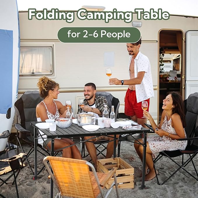 Portable Outdoor Adjustable Height Camping Table Large for 2-6 Person Foldable Roll-up Aluminum Camp Table with Carry Bag for Picnic Camp Sturdy Stable Loads 220 Lbs (Black)
