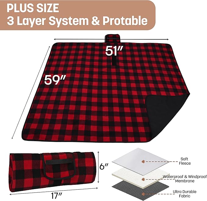Tirrinia Waterproof Outdoor Blanket with Sherpa Lining Windproof Triple Layers Warm Comfy Foldable for Camping Stadium Beach Picnic Grass Concerts Car Dog 51''X 59'' &amp 59''X 80''