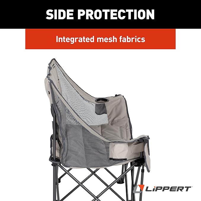 Lippert Campfire Folding Loveseat with 500-lb. Weight Capacity Carry Bag Durable Mesh Fabrics High-Loft Cushioning Storage Pocket Dual Cupholders Stemmed Wine Glass Holder (Sand) - 2021000205