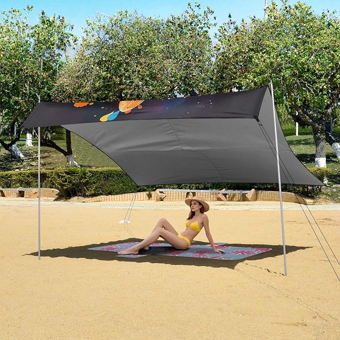 Watercolor Flower Design Beach Tent Sun Shelter 9.2' x 10.5' Beach Canopy with 4 Sandbags 4 Stability Poles Sand Shovels - Tent Canopy for Beach Camping Fishing Picnics