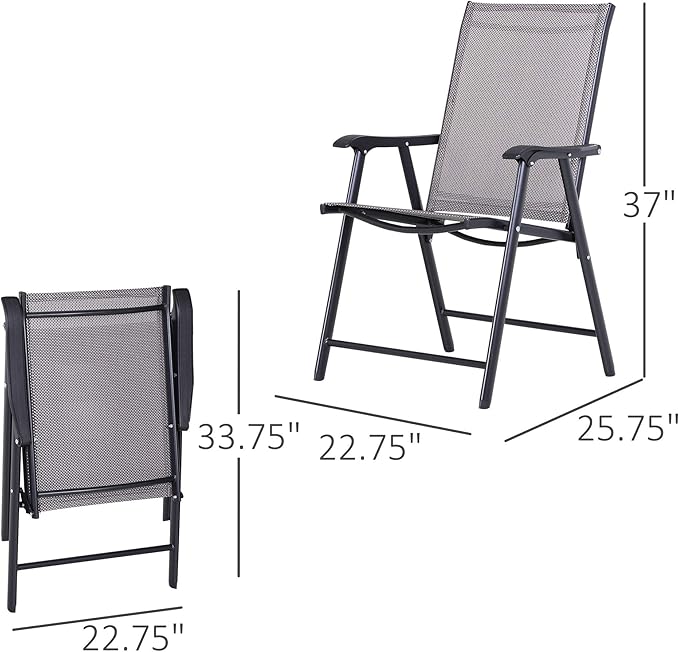 Set of 2 Patio Folding Chairs Stackable Outdoor Sling Patio Dining Chairs with Armrests for Lawn Camping Dining Beach Metal Frame No Assembly Gray