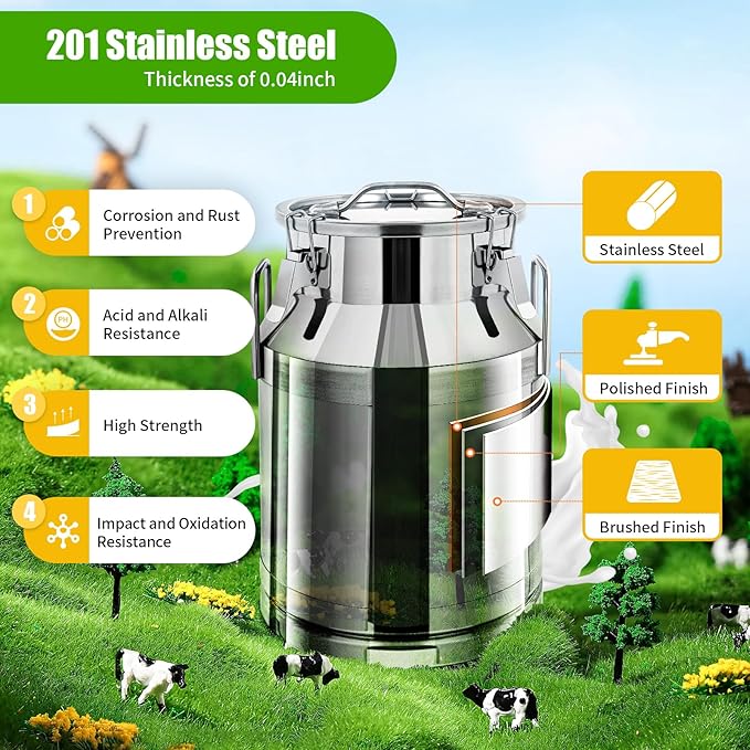 Stainless Steel Milk Can 30L/8Gal Metal Airtight Canister Food Storage Container with Lid &amp Clamps Bean Rice Cereal Storage Bucket for Kitchen Restaurant W12.6*H18.9in