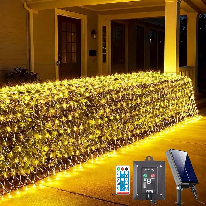 11.5FT x 5FT Solar Christmas Net Lights Outdoor with Remote 240 LED USB Warm White Mesh Lights for Bushes Waterproof 8 Modes Green Wire Christmas Trees Light Patio Indoor Decor