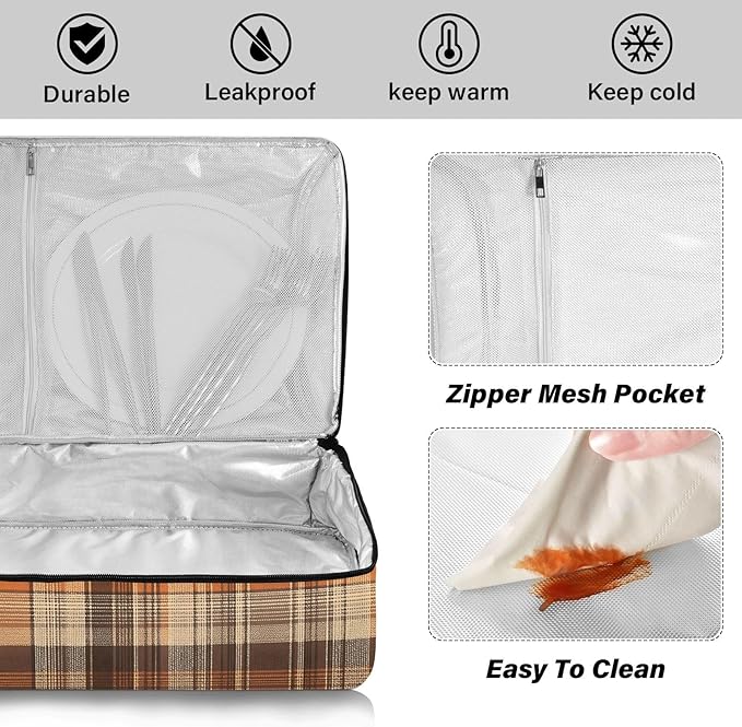 Casserole Carrier Brown Orange Tartan Pattern Insulated Casserole Carrier for Hot or Cold Food Thermal Lunch Tote for Parties Picnic Travel Carry Bag