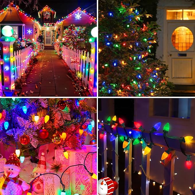 100 LED C7 Multicolor Christmas Lights Battery Operated with 8 Mode Remote Control 2 Sets 27.5FT Colorful Christmas Tree Lights with 2 * 50pcs Twinkle C7 Light Bulbs for Home Porch Yard Decorations