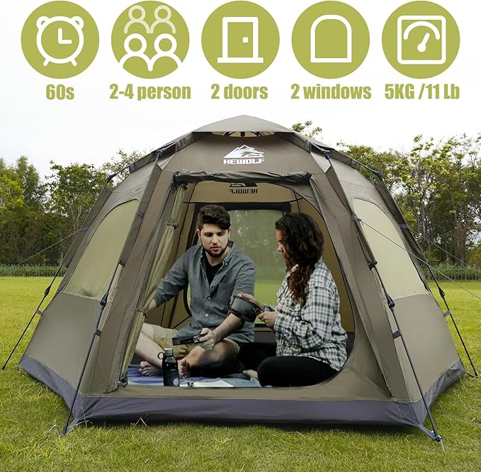 Hewolf 2/3/4 Person Camping Tent - Instant Pop Up Waterproof 2 Doors Tent with Easy Setup | 3-Season Hexagonal Dome Design for Family Hiking &amp Traveling