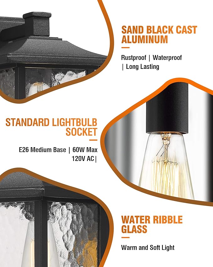 Beionxii Outdoor Light Fixture 14 inch Dusk to Dawn Exterior Wall Mount Lantern Outside Lights for House Patio Black Cast Aluminum w/Water Glass - A272W-1PK