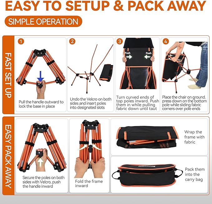 MARCHWAY Lightweight Folding High Back Camping Chair with Head Support Stable Portable Compact for Outdoor Camp Travel Beach Picnic Festival Hiking Backpacking (Highback Orange)