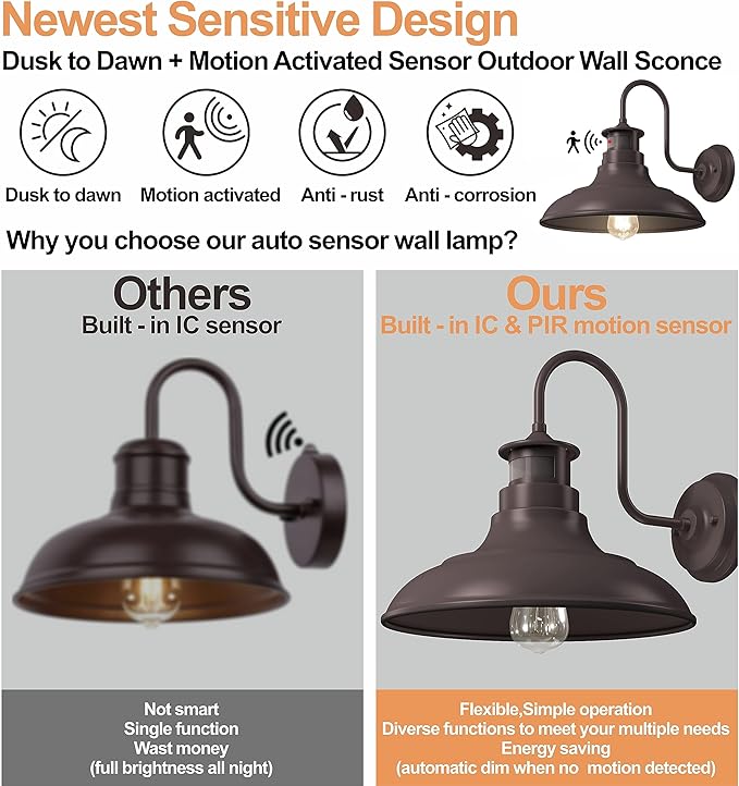 2 Pack Farmhouse Gooseneck Wall Sconce Barn LightsMotion Sensor and Dusk to Dawn Outdoor Wall Mount Lighting Fixtures3 Modes Exterior Porch Light IP65 Waterproof E26 Matte Brown Wall Lamp for Patio