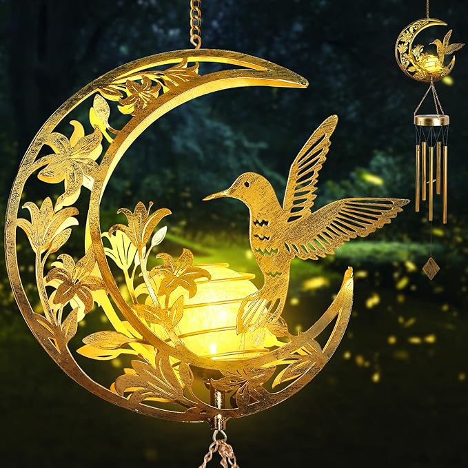 Moon Hummingbird Wind Chime Outdoor Handcrafted Metal Garden Wind Chimes with Hummingbird Charms Melodic Wind Bells for Patio Porch Decor Weatherproof Gift for Nature Lovers &amp Bird Watchers
