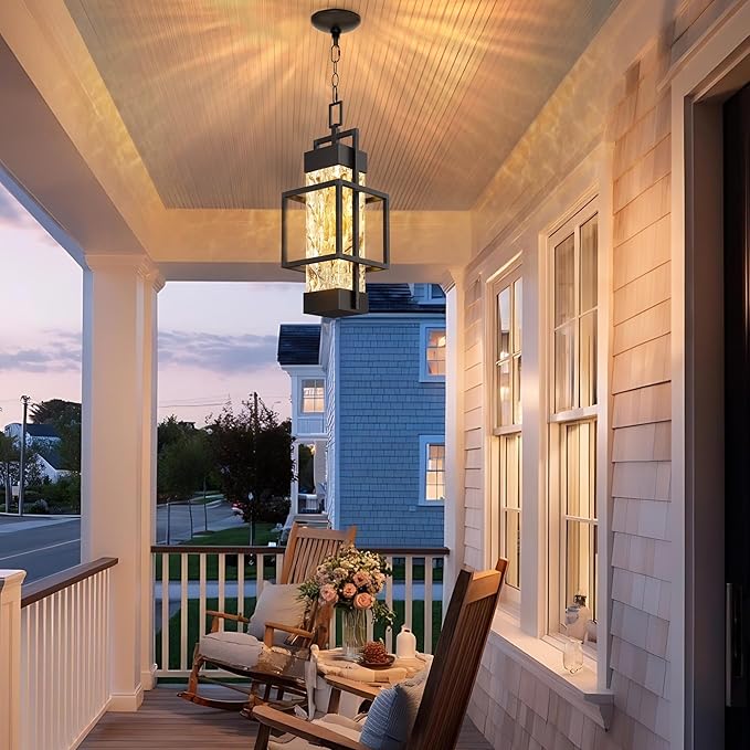 Hotsonic 15'' Outdoor Indoor Pendant Celing Light Fixture Modern Exterior Hanging Chandelier Porch Lights Black Aluminum Outside Lantern Lamp for Entrance Foyer Entryway (Bulb Included)