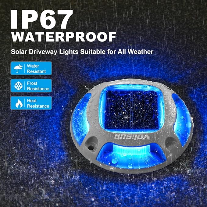 VOLISUN Solar Driveway Lights Dock Marine Lights 4 Pack2 Colors in 1Outdoor LED Deck LightSolar Powered Waterproof Warning Step Light for Driveway Sidewalk Pathway (Blue/White)Saltwater Resistant