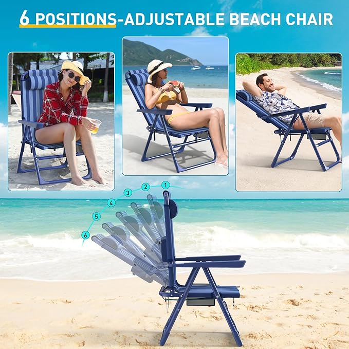 Slendor Backpack Beach Chair 6-Positions Beach Chairs for Adults with Cooler Bag Reclining Chair with Cup Holder Folding Camping Chair for Outside